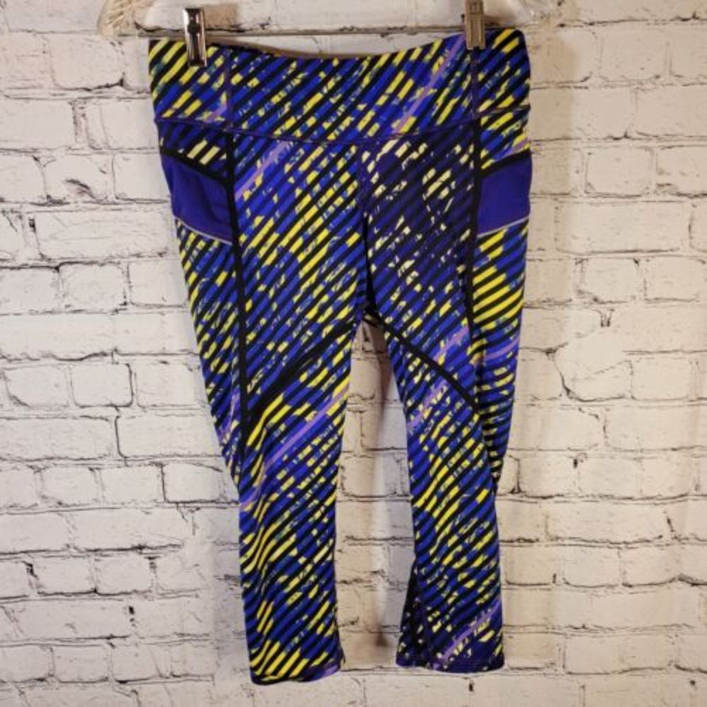 Athleta Radical Stride Capri Womens Size S Blue Yellow Geometric Excellnt Pocket